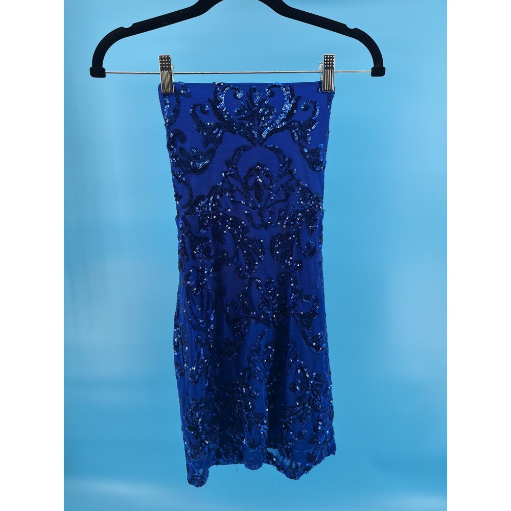 Royal Blue Sequin Strapless Lace Up Back Bodycon Mini Dress Womens Size Small